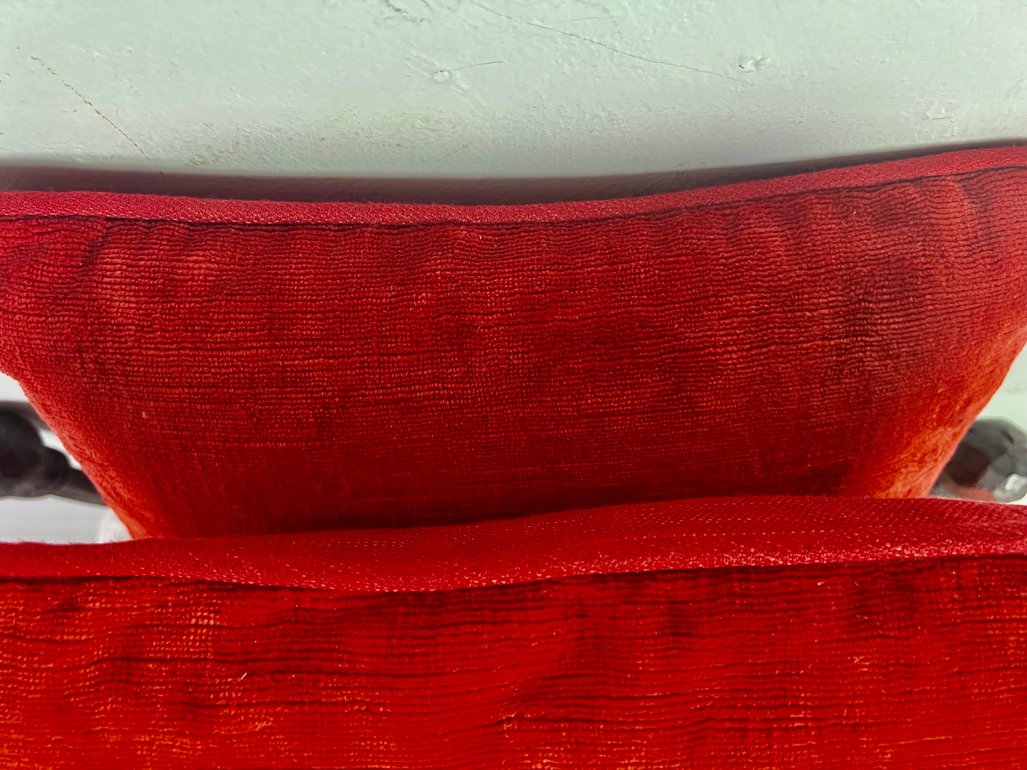 French Pair of Custom Appliqué Red Velvet Pillows For Sale