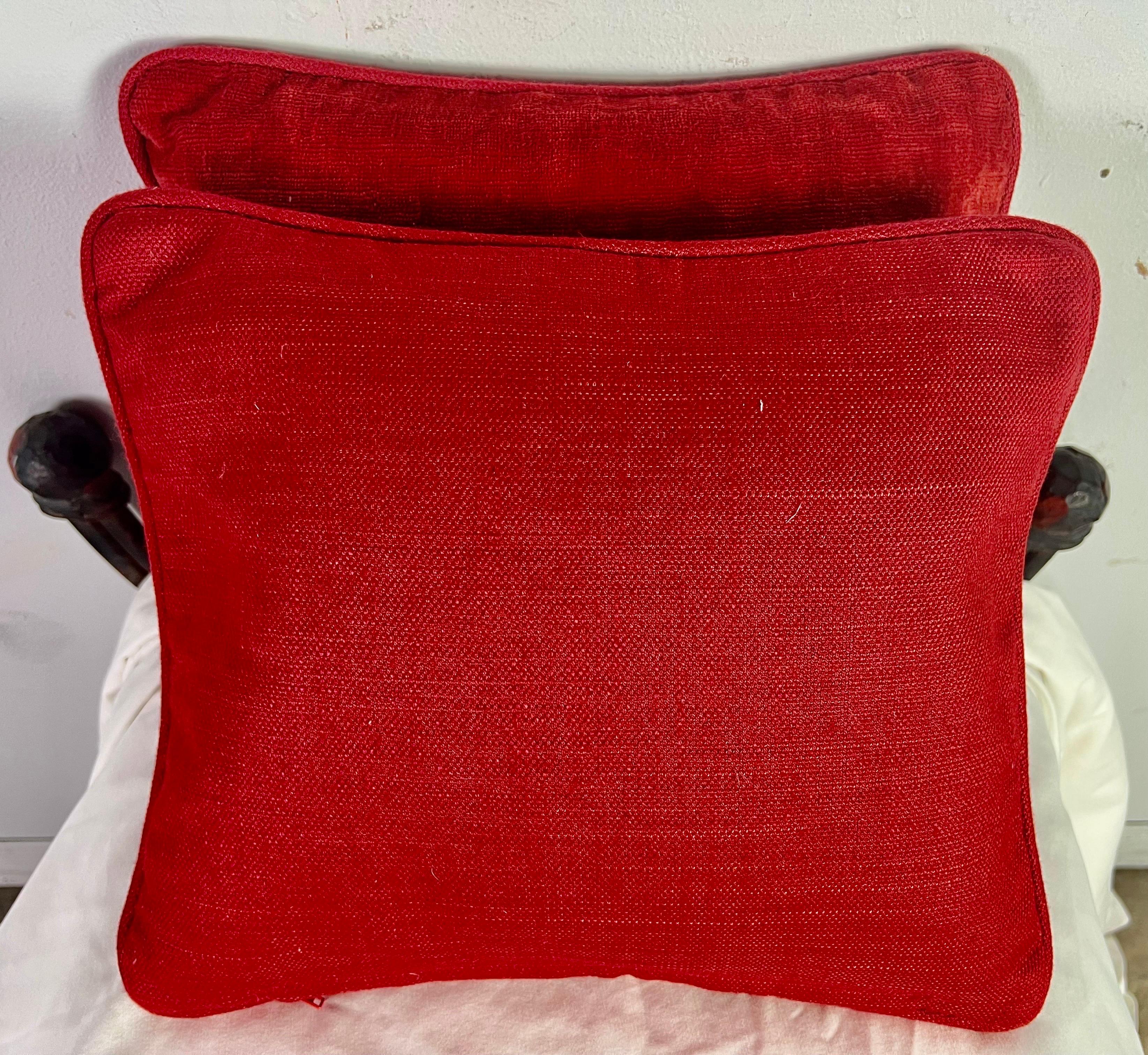 Pair of Custom Appliqué Red Velvet Pillows In Excellent Condition For Sale In Los Angeles, CA