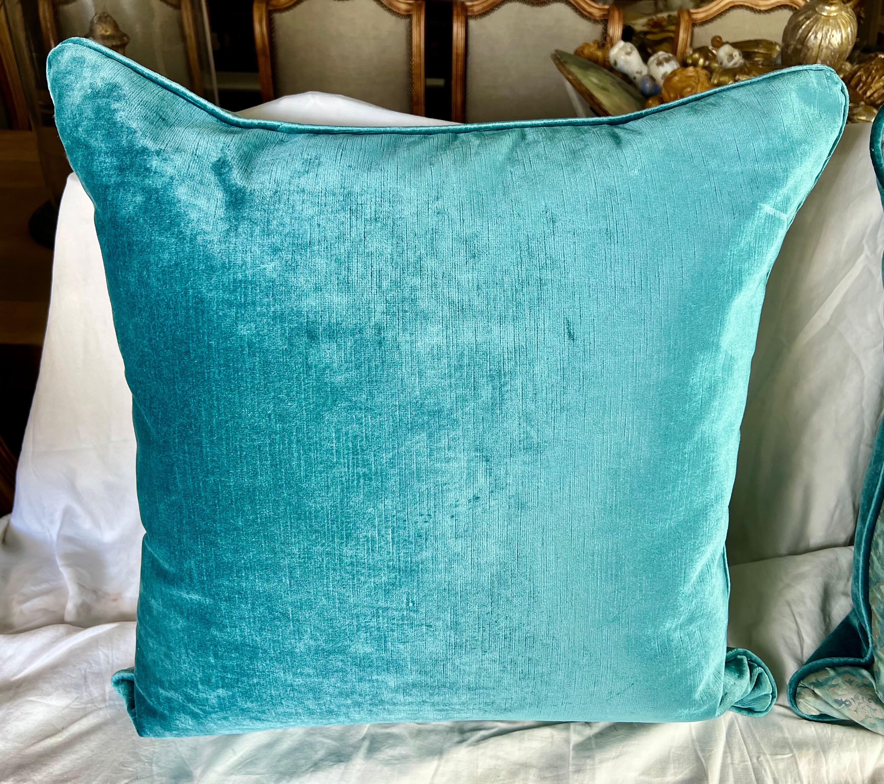 Italian Pair of Custom Aqua & Gold Mariano Fortuny Pillows For Sale