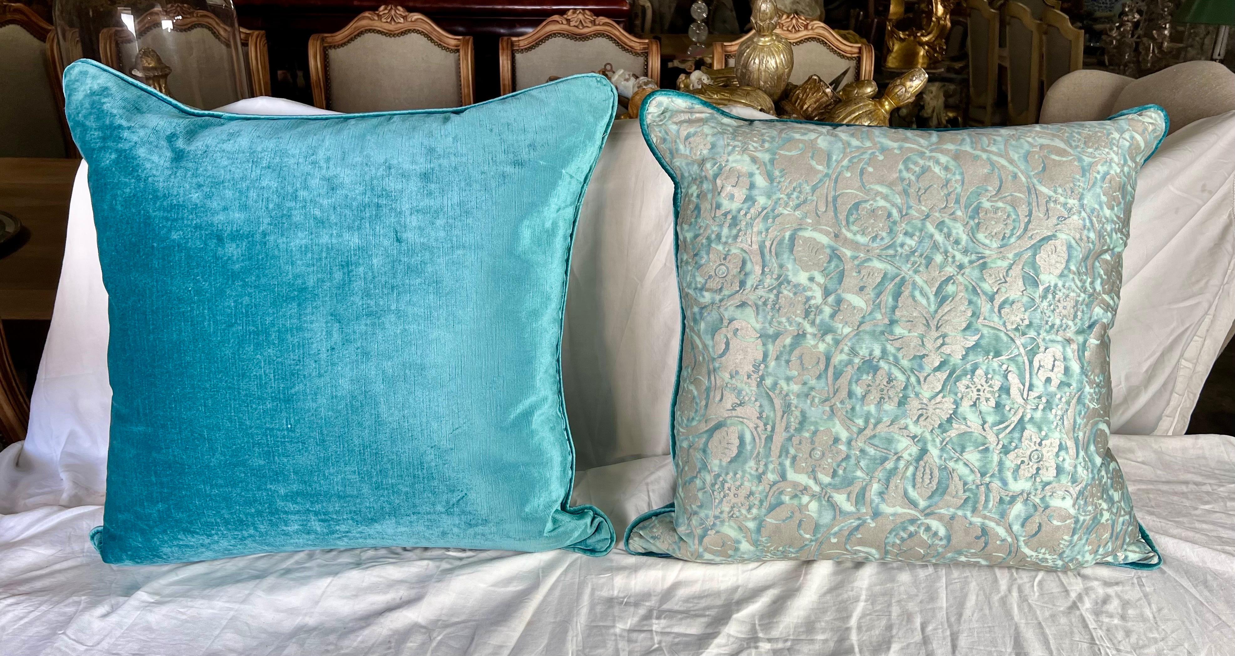 Pair of Custom Aqua & Gold Mariano Fortuny Pillows In New Condition For Sale In Los Angeles, CA