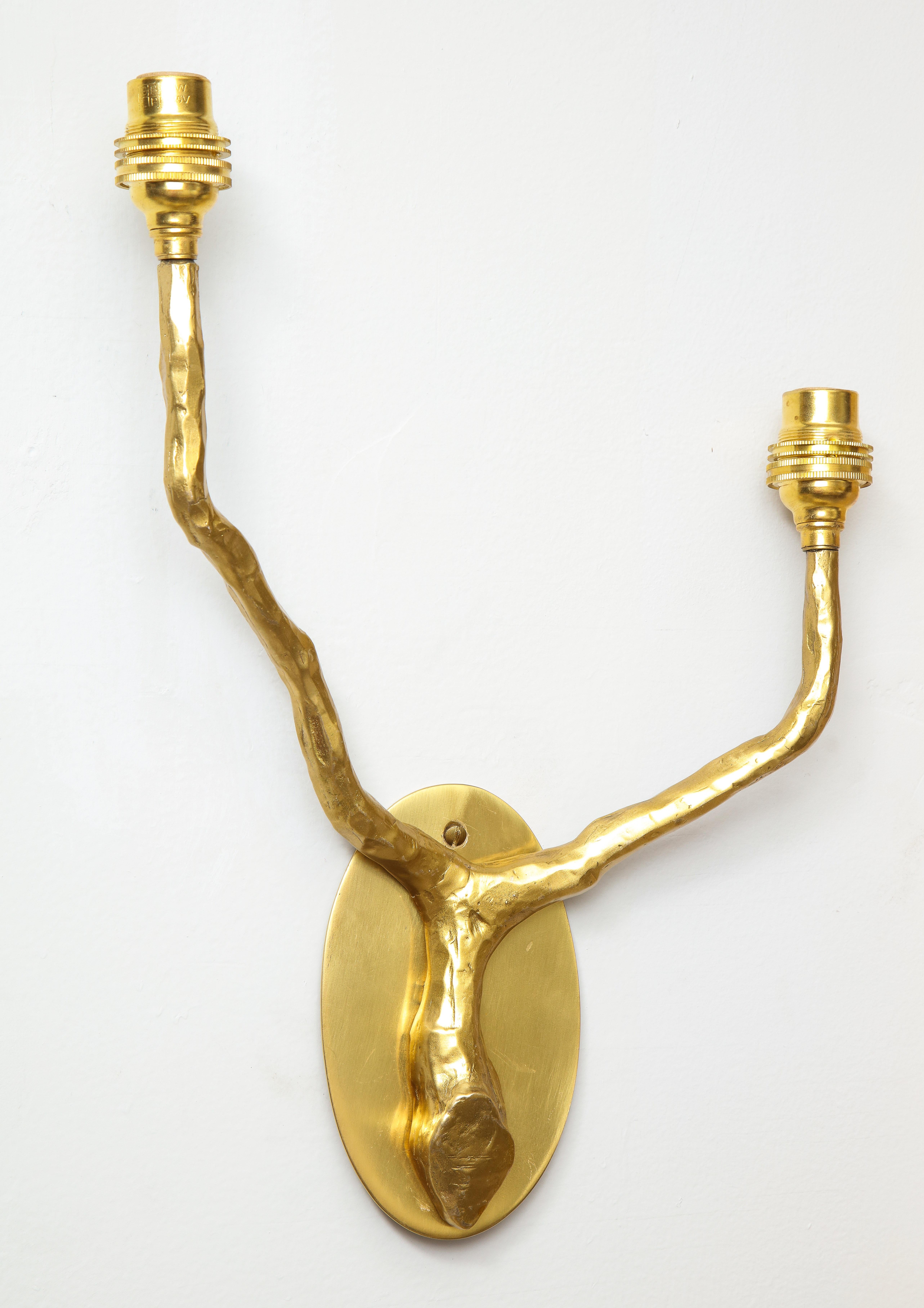 Pair of custom handcrafted arbre brass sconces. Please note these sconces are customizable- can be crafted in different sizes and finishes. Lead time is 6-8 weeks. The sconces are UL listed, pair in stock.