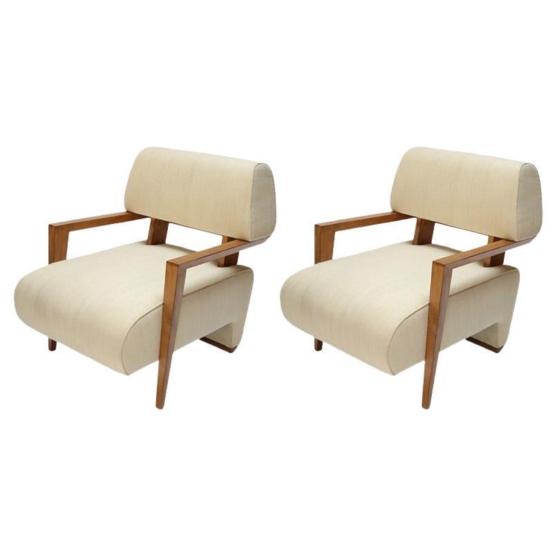Pair of Custom Art Deco Ivory Silk Midcentury Style Armchairs For Sale