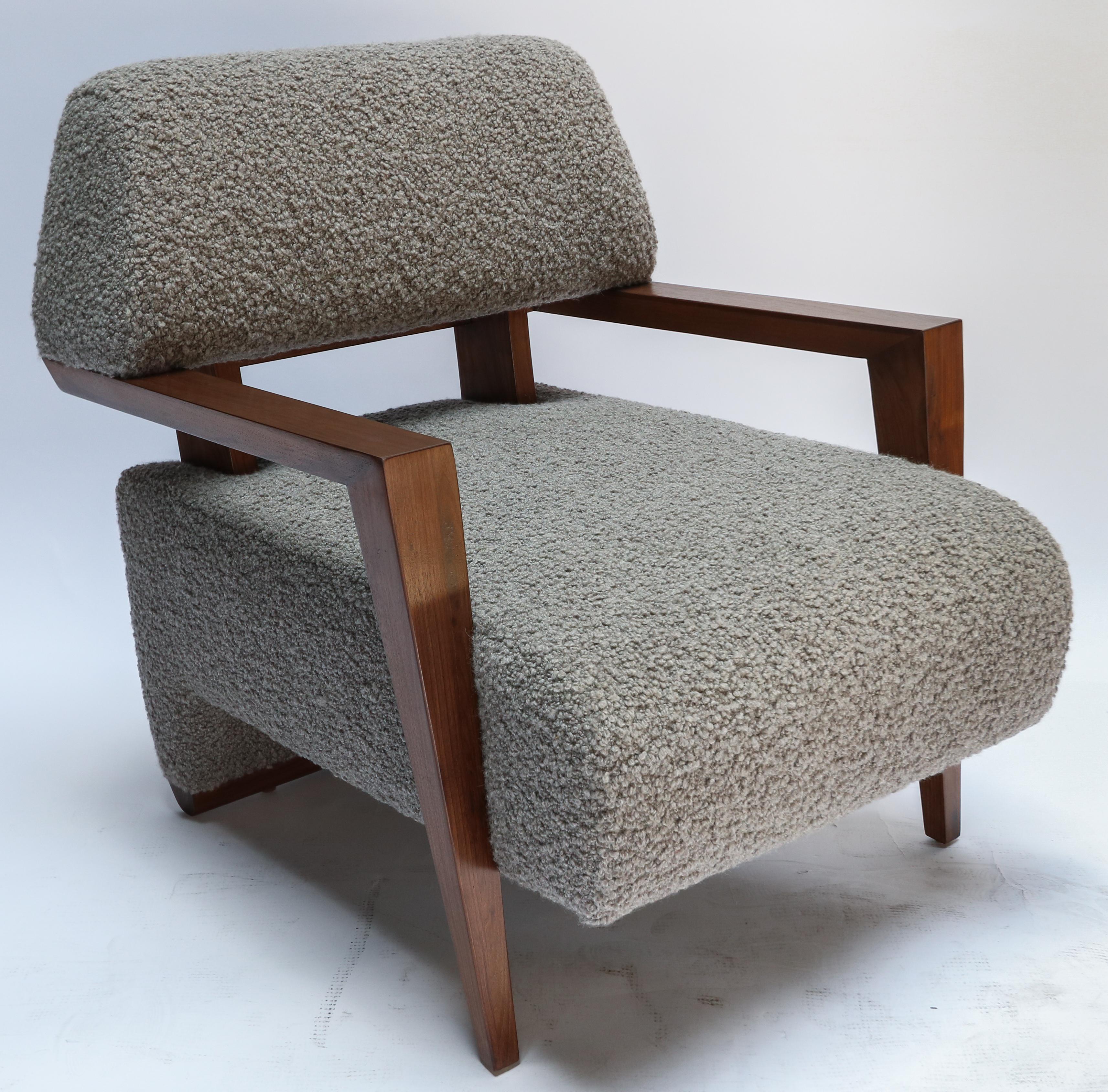 Contemporary Pair of Custom Art Deco Mid-Century Style Walnut Armchairs by Adesso Imports For Sale