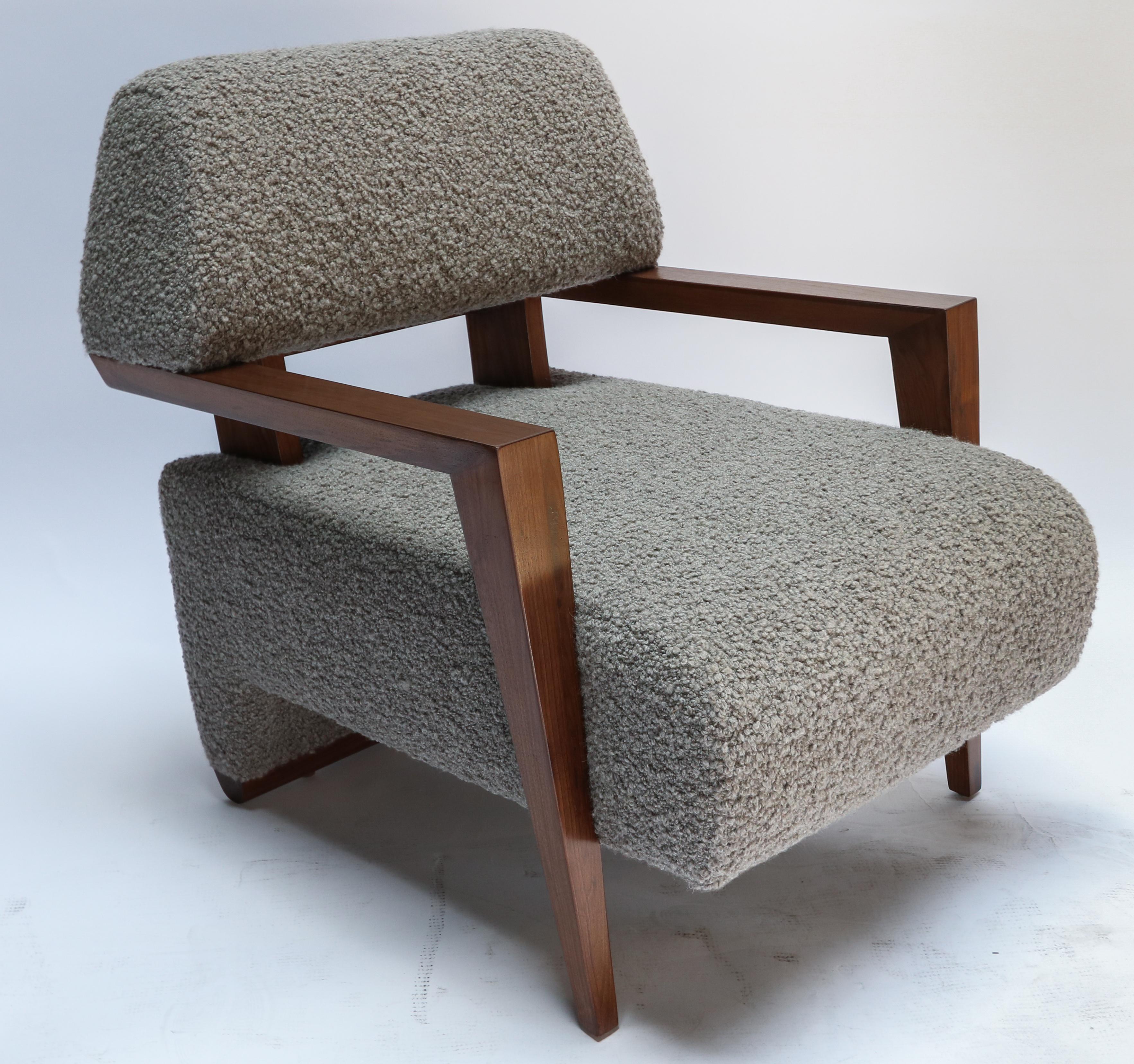 Bouclé Pair of Custom Art Deco Mid-Century Style Walnut Armchairs by Adesso Imports For Sale