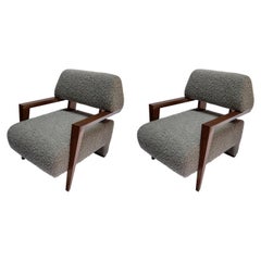 Pair of Custom Art Deco Midcentury Style Walnut Armchairs by Adesso Imports