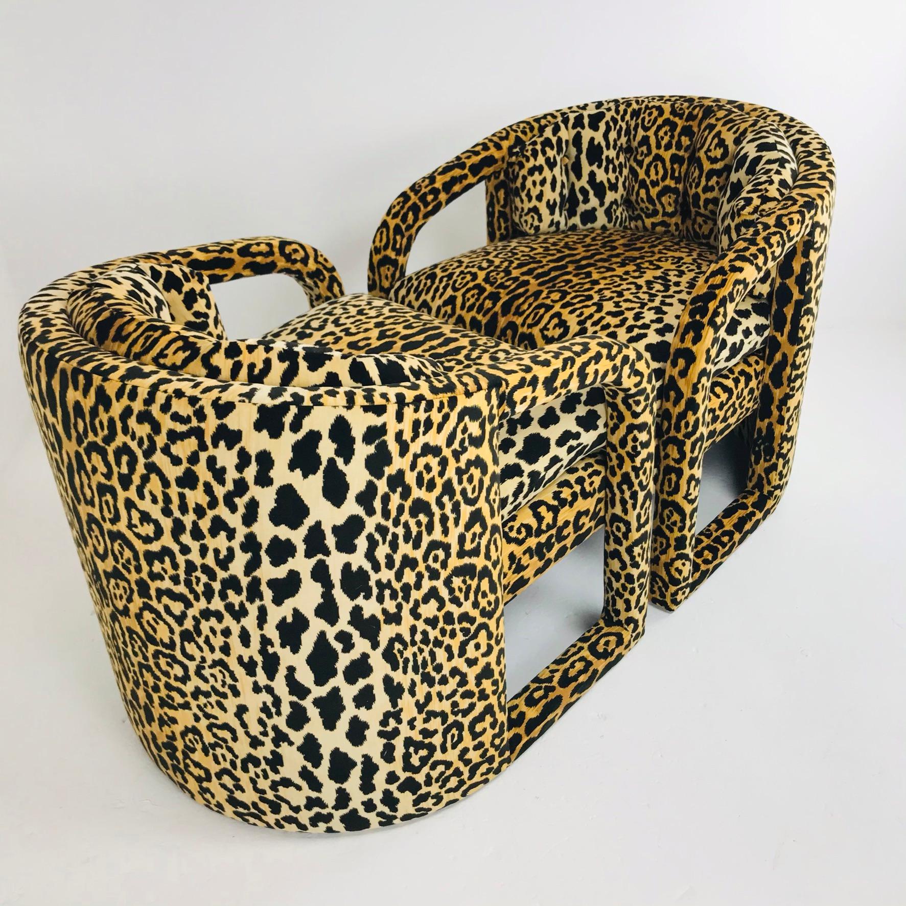 Pair of Custom Barrel-Back Armchairs in Leopard Velvet For Sale 5