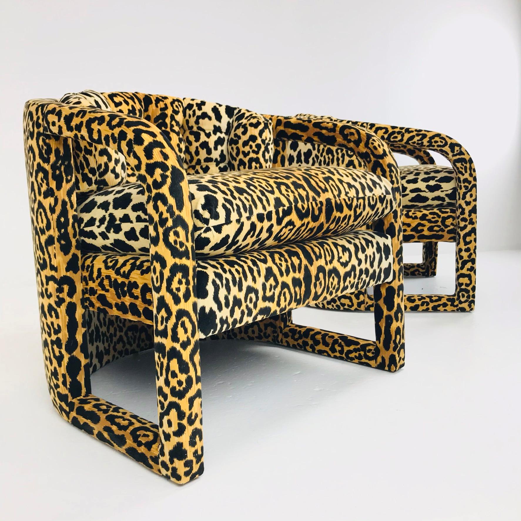 Mid-Century Modern Pair of Custom Barrel-Back Armchairs in Leopard Velvet For Sale