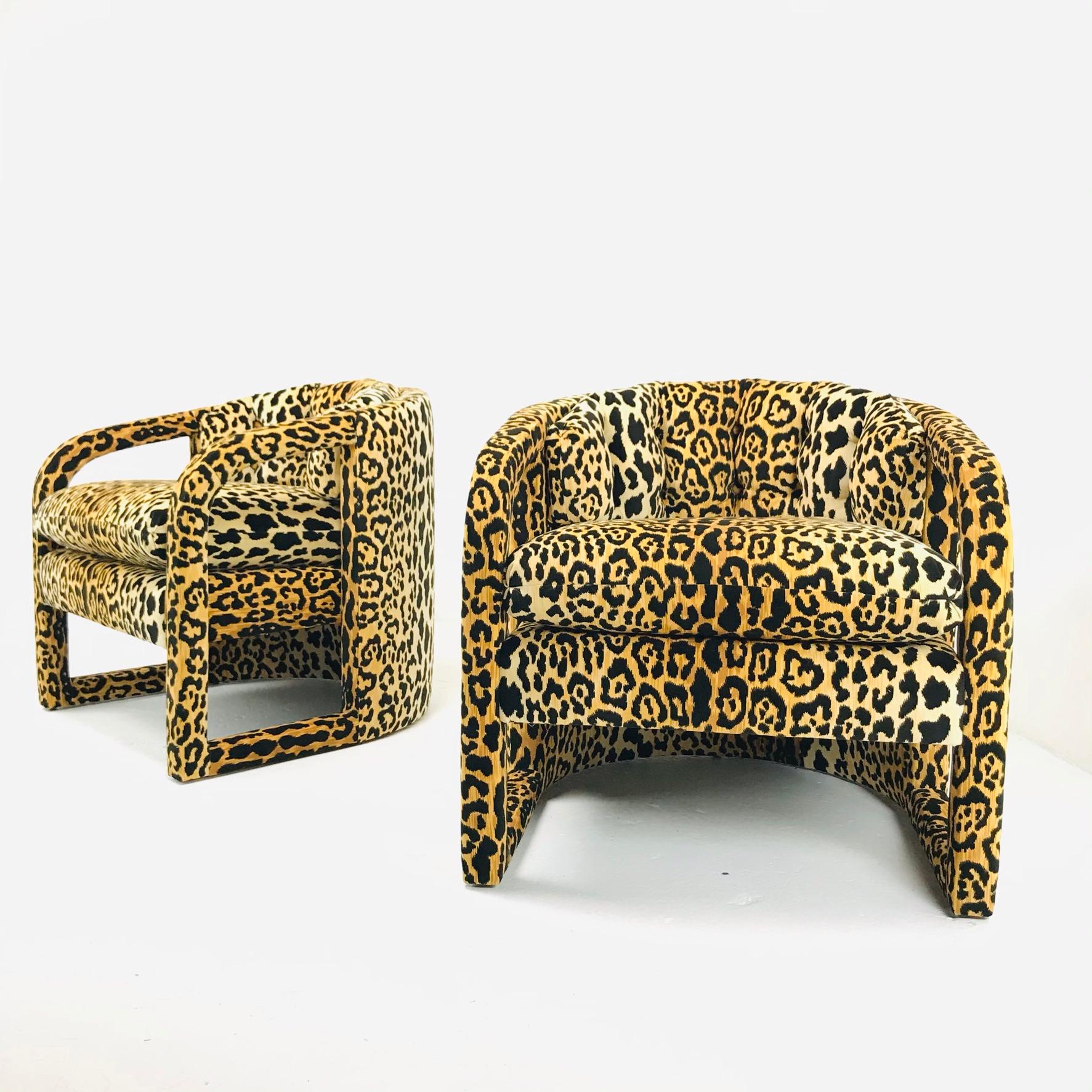 Mid-Century Modern Pair of Custom Barrel-Back Armchairs in Leopard Velvet