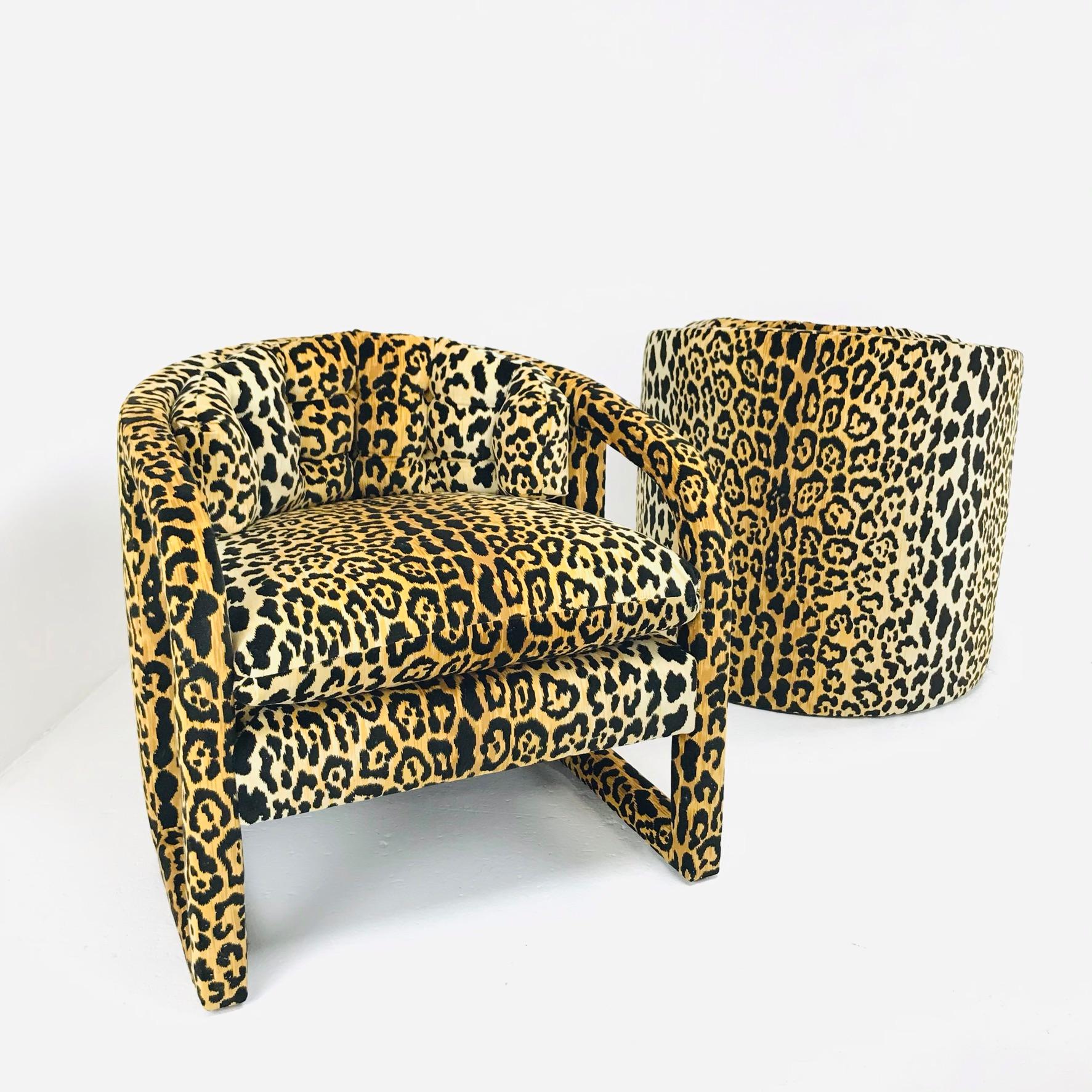 Contemporary Pair of Custom Barrel-Back Armchairs in Leopard Velvet For Sale