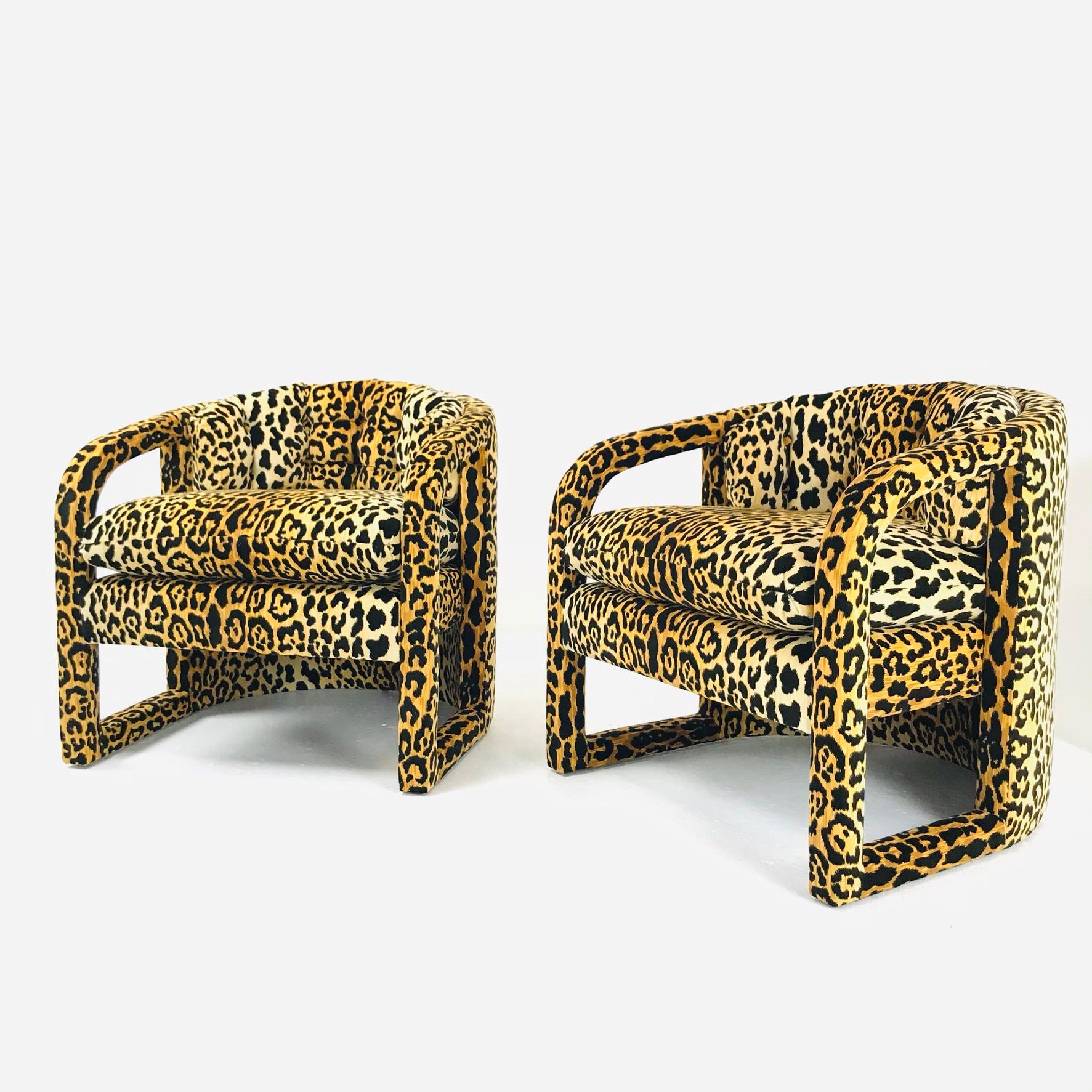 Pair of Custom Barrel-Back Armchairs in Leopard Velvet For Sale 1