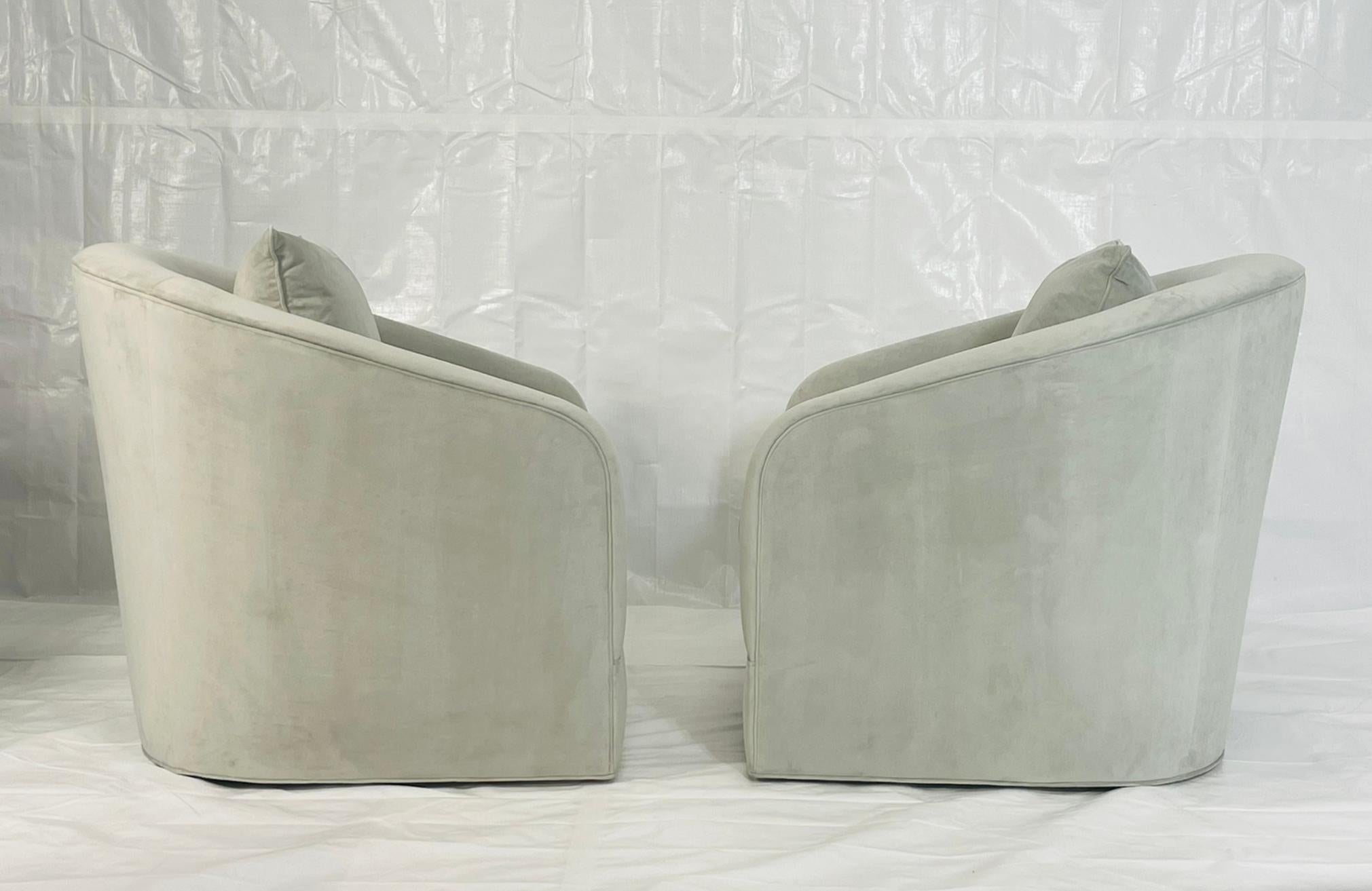 Modern Pair of Custom Barrel Swivel Lounge Chairs by Custom Craft Upholsterers, USA For Sale