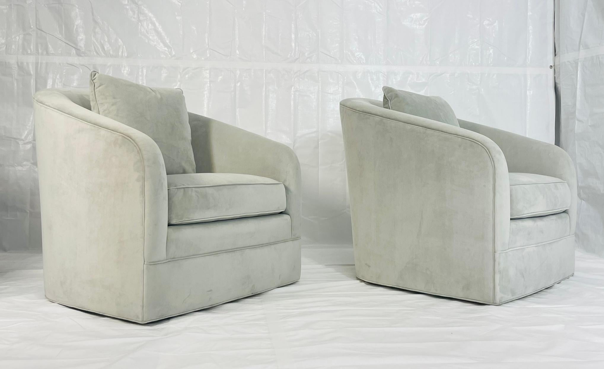 Fabric Pair of Custom Barrel Swivel Lounge Chairs by Custom Craft Upholsterers, USA For Sale