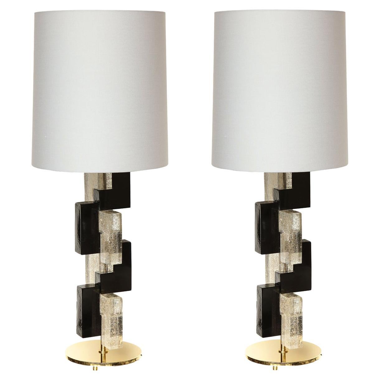 Artisan Pair of Murano Glass Block Table Lamps 2021