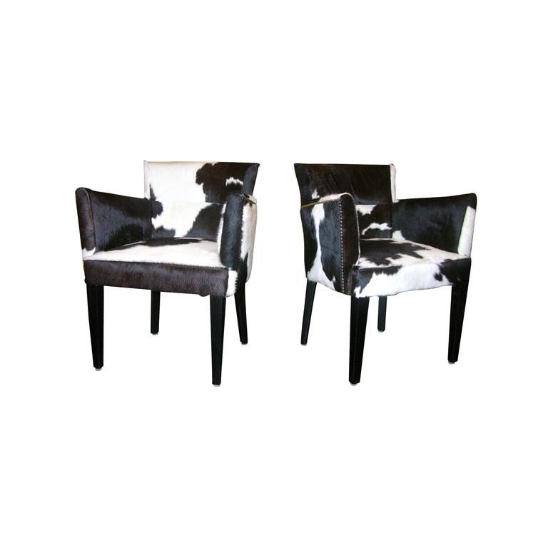 Pair of French Deco Style Cowhide Armchairs with Nailheads