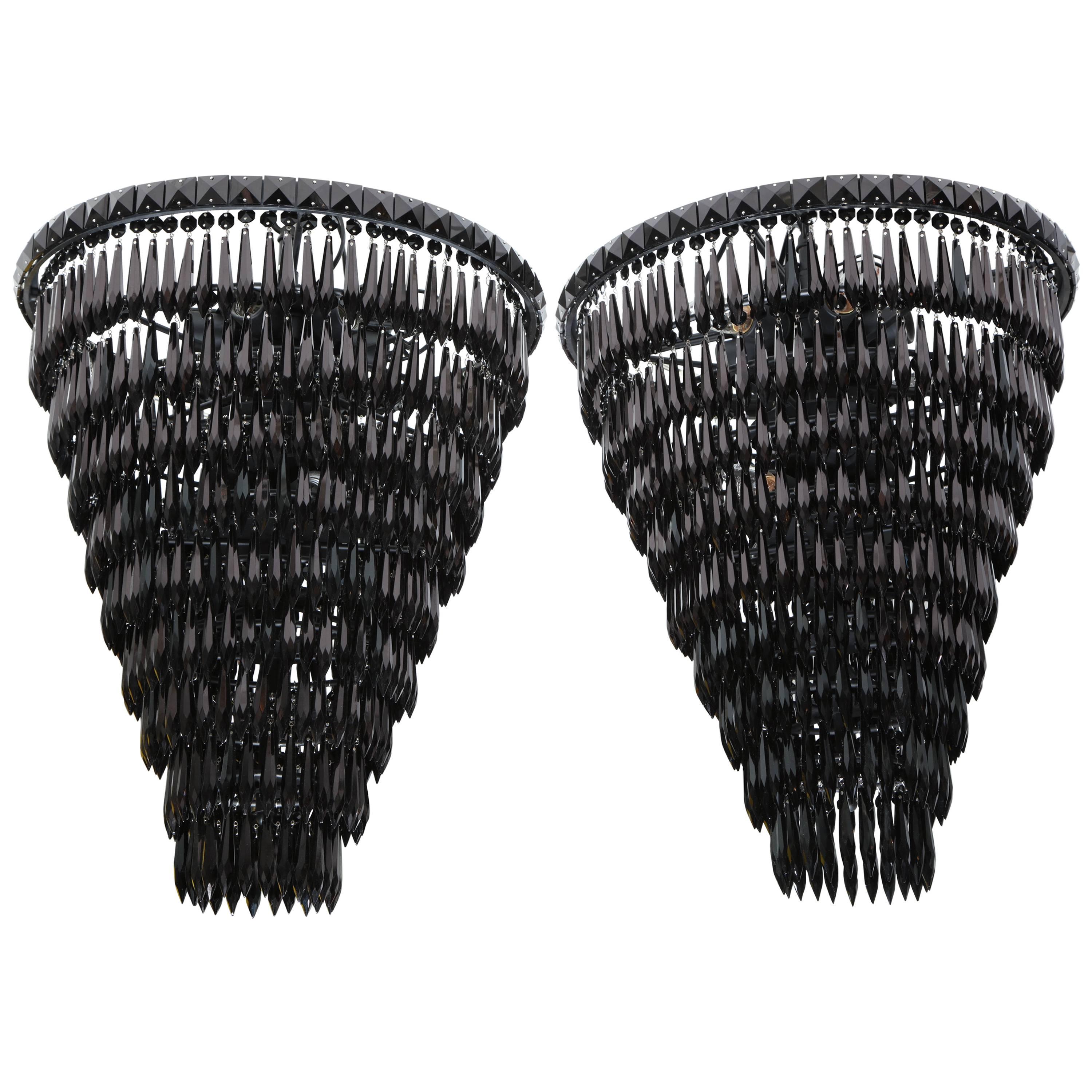 Pair of Custom Black Fringe Crystal Pendants