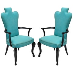Pair of Custom Black Lacquer Armchairs in Turquoise Leather by Adesso Imports