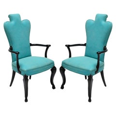 Pair of Custom Black Lacquer Armchairs in Turquoise Leather by Adesso Imports