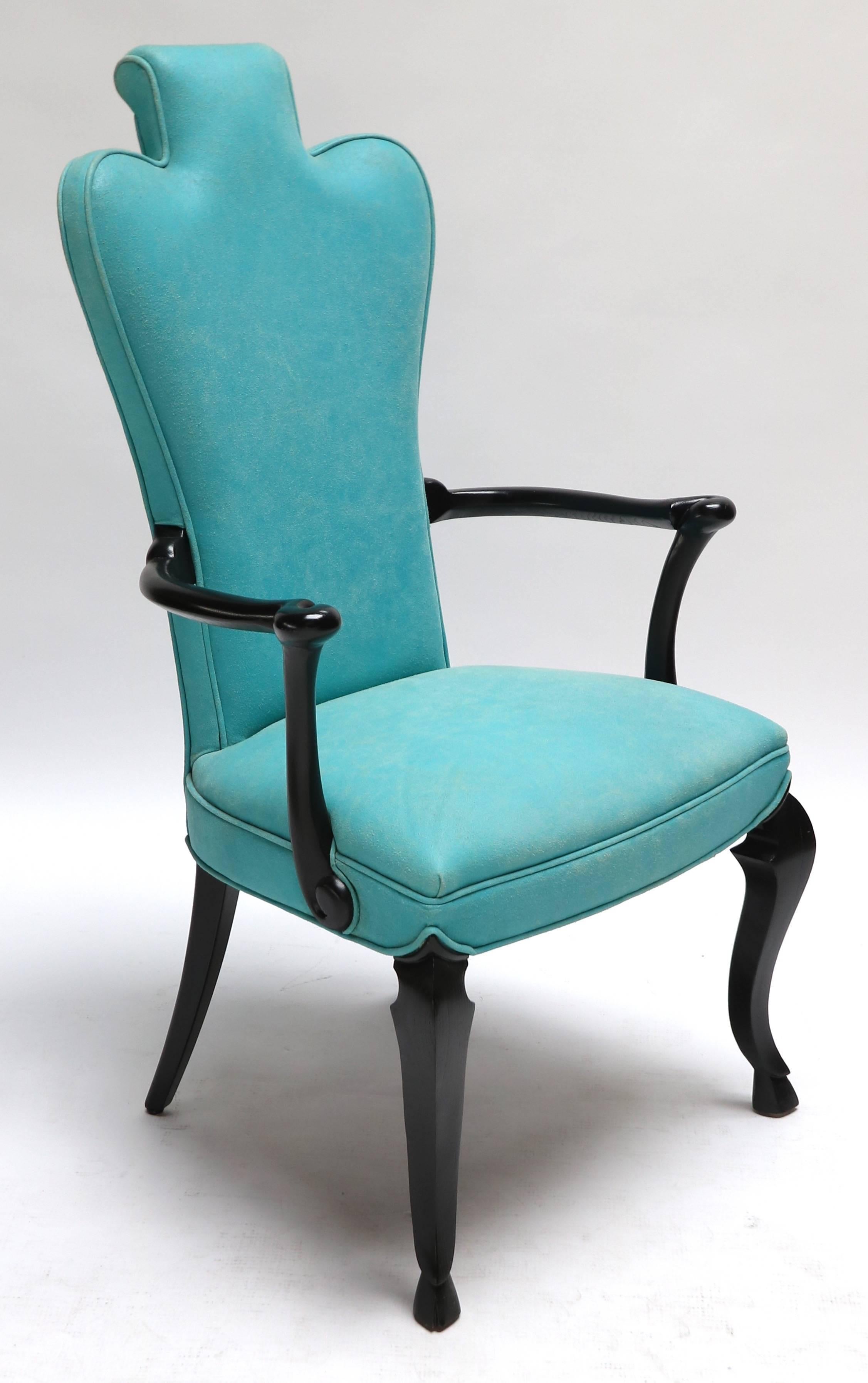American Pair of Custom Black Lacquer Armchairs in Turquoise Leather by Adesso Imports For Sale