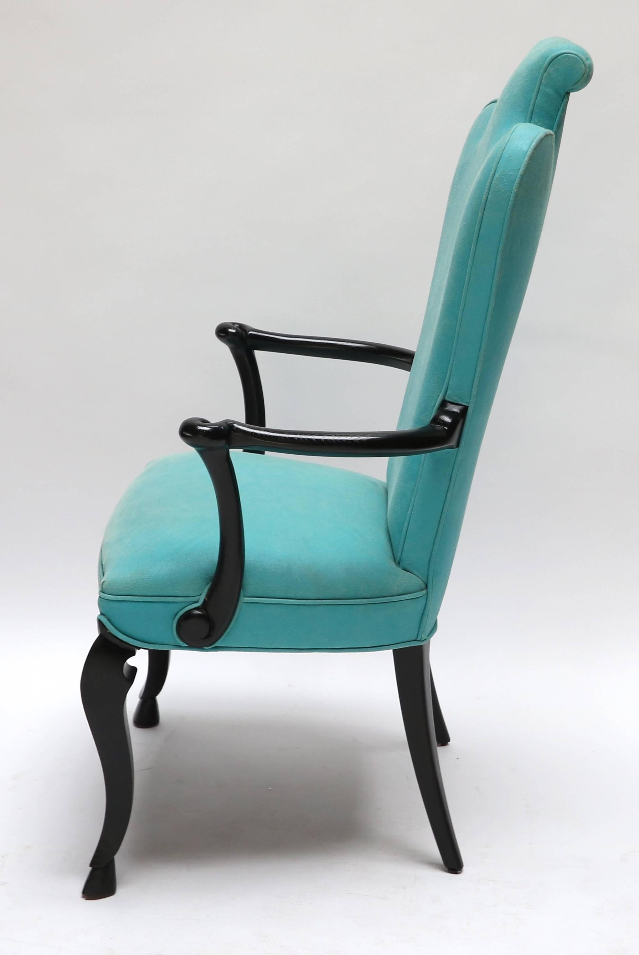 Lacquered Pair of Custom Black Lacquer Armchairs in Turquoise Leather by Adesso Imports For Sale