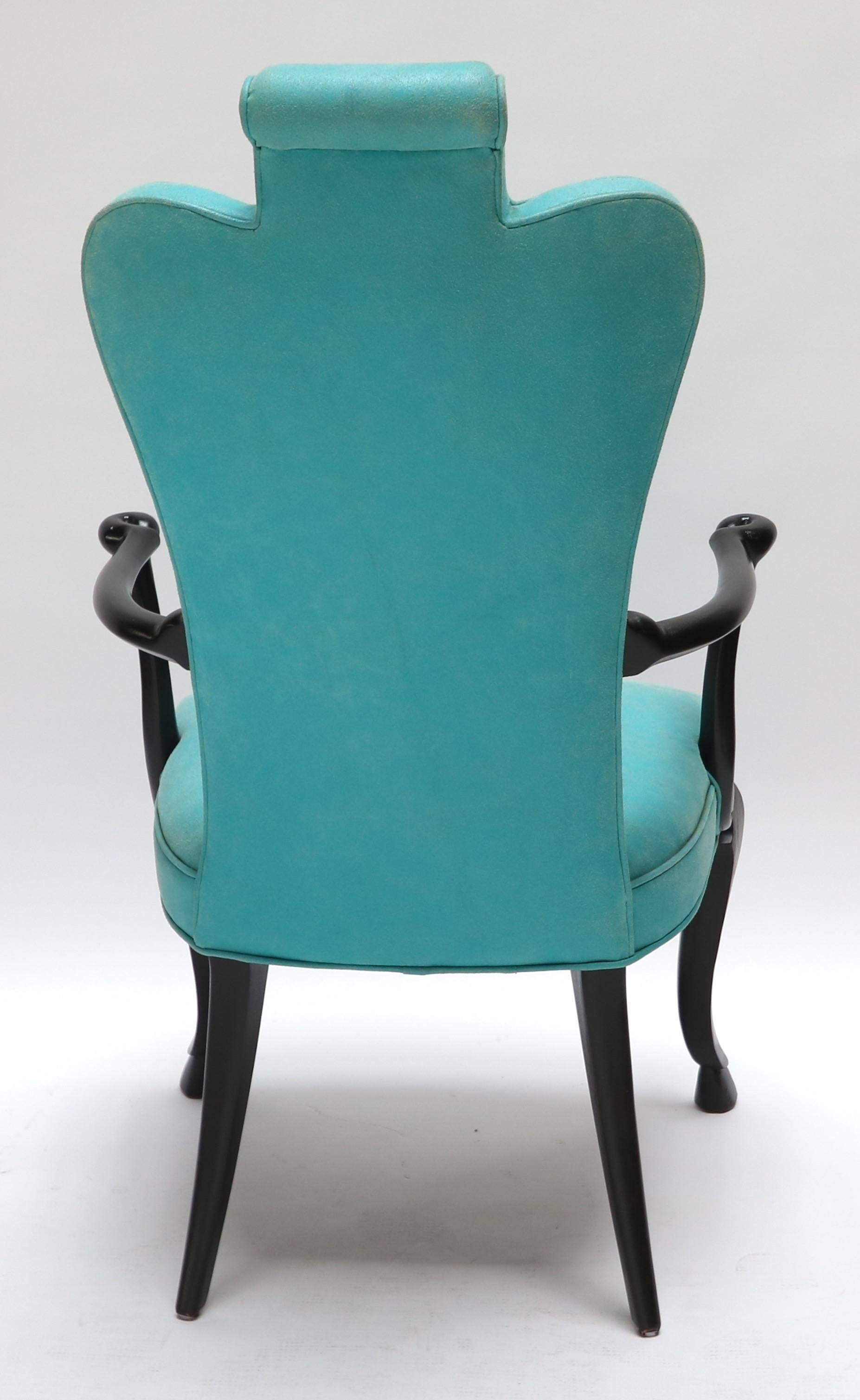 Pair of Custom Black Lacquer Armchairs in Turquoise Leather by Adesso Imports In Good Condition For Sale In Los Angeles, CA