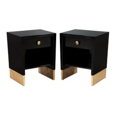 Pair of Custom Black Lacquered Nightstand End Tables