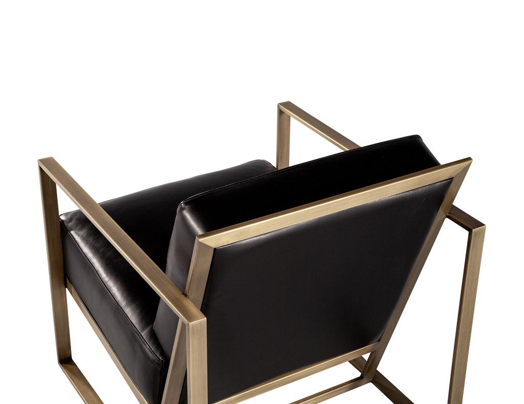 Pair of Custom Black Leather Lounge Chairs with Antiqued Brass Metal Frames For Sale 3