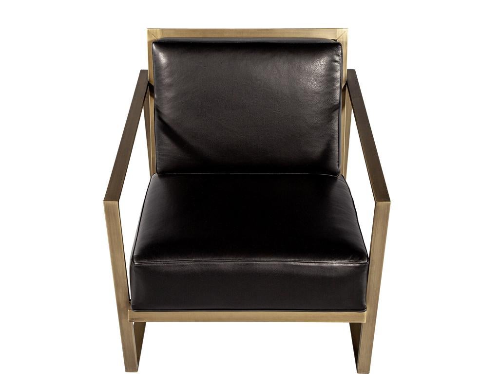 Pair of Custom Black Leather Lounge Chairs with Antiqued Brass Metal Frames For Sale 5