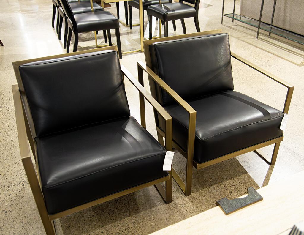 Pair of Custom Black Leather Lounge Chairs with Antiqued Brass Metal Frames For Sale 7