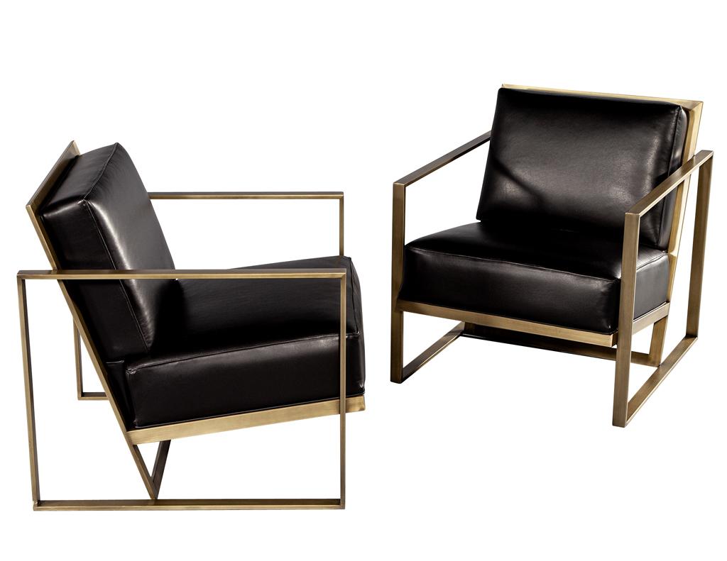 Modern Pair of Custom Black Leather Lounge Chairs with Antiqued Brass Metal Frames For Sale