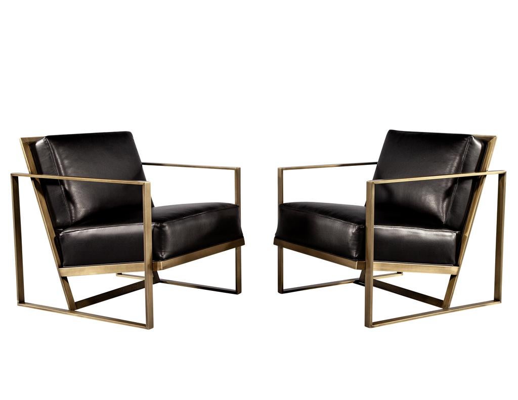 Canadian Pair of Custom Black Leather Lounge Chairs with Antiqued Brass Metal Frames For Sale