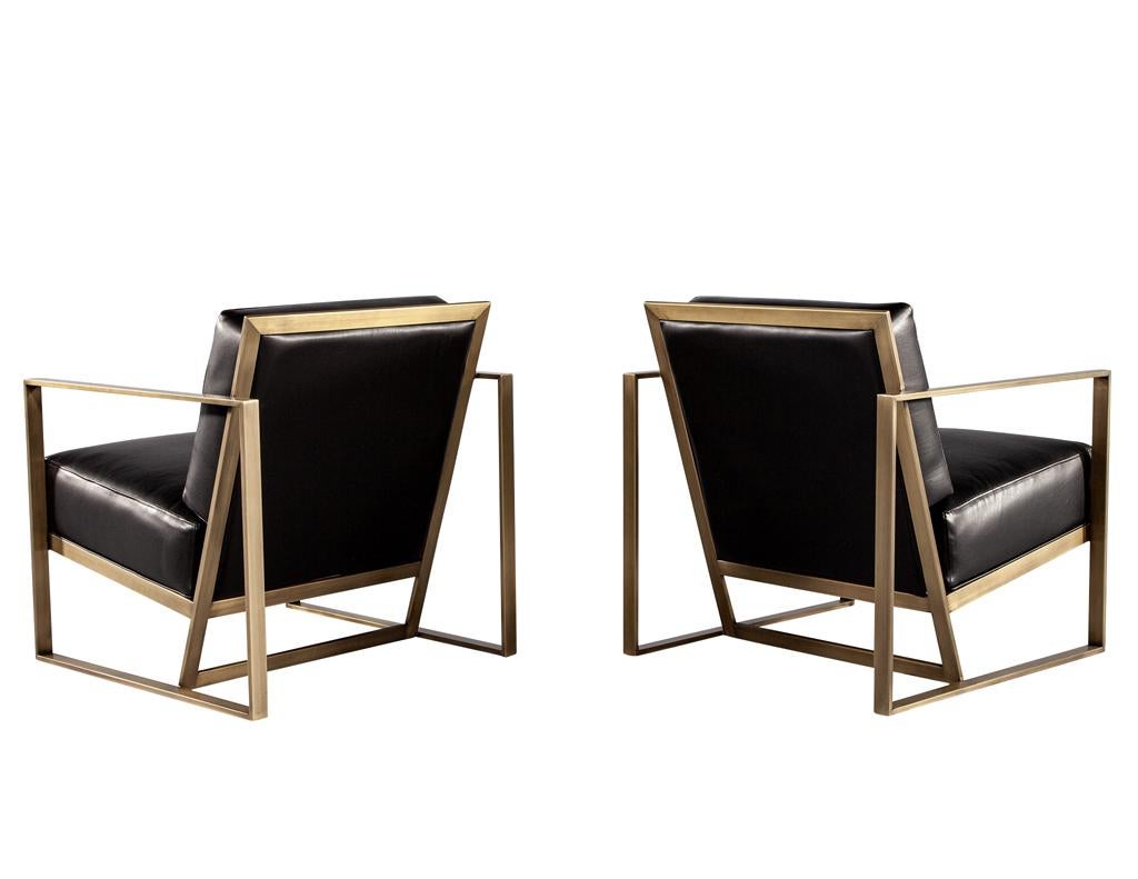 Plated Pair of Custom Black Leather Lounge Chairs with Antiqued Brass Metal Frames For Sale
