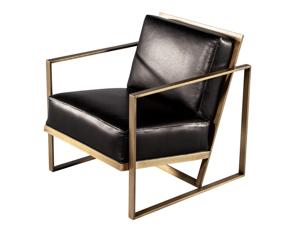 Contemporary Pair of Custom Black Leather Lounge Chairs with Antiqued Brass Metal Frames For Sale