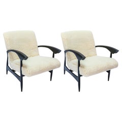 Pair of Custom Black Matte Oak Armchairs in Ivory Wool by Adesso Imports