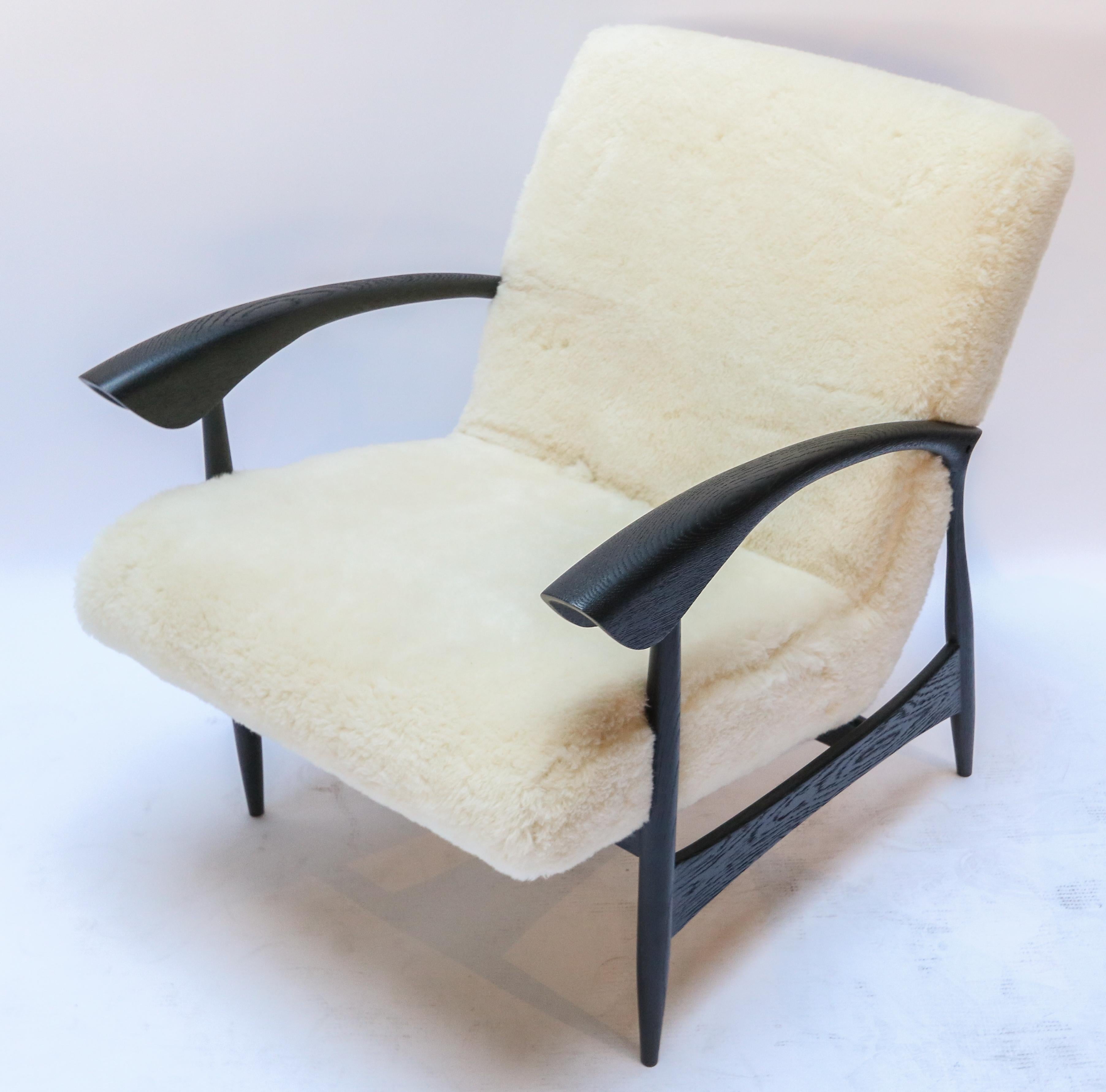 Pair of Custom Black Matte Oak Armchairs in Ivory Wool by Adesso Imports For Sale 1