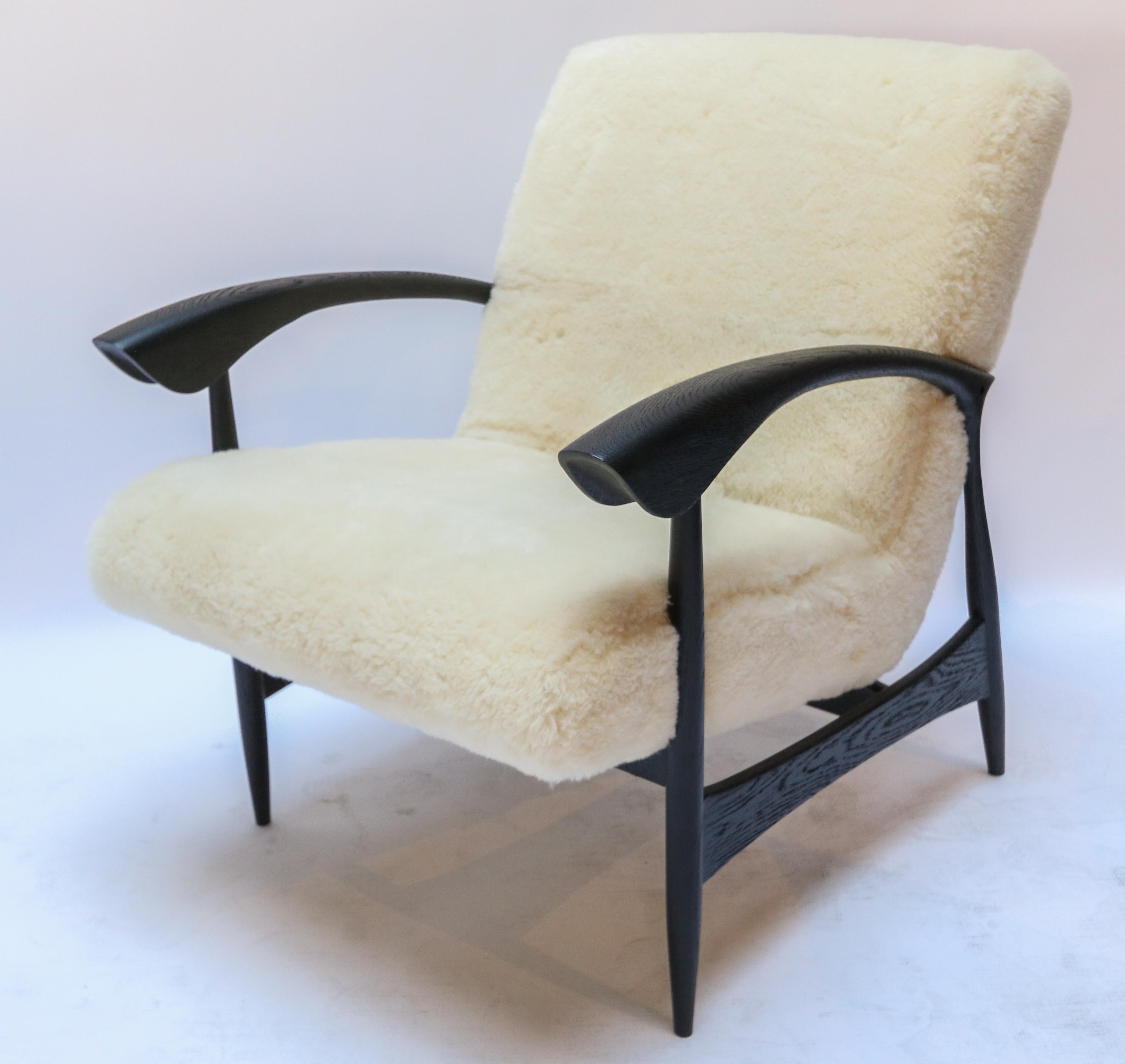 Pair of Custom Black Matte Oak Armchairs in Ivory Wool by Adesso Imports For Sale 2