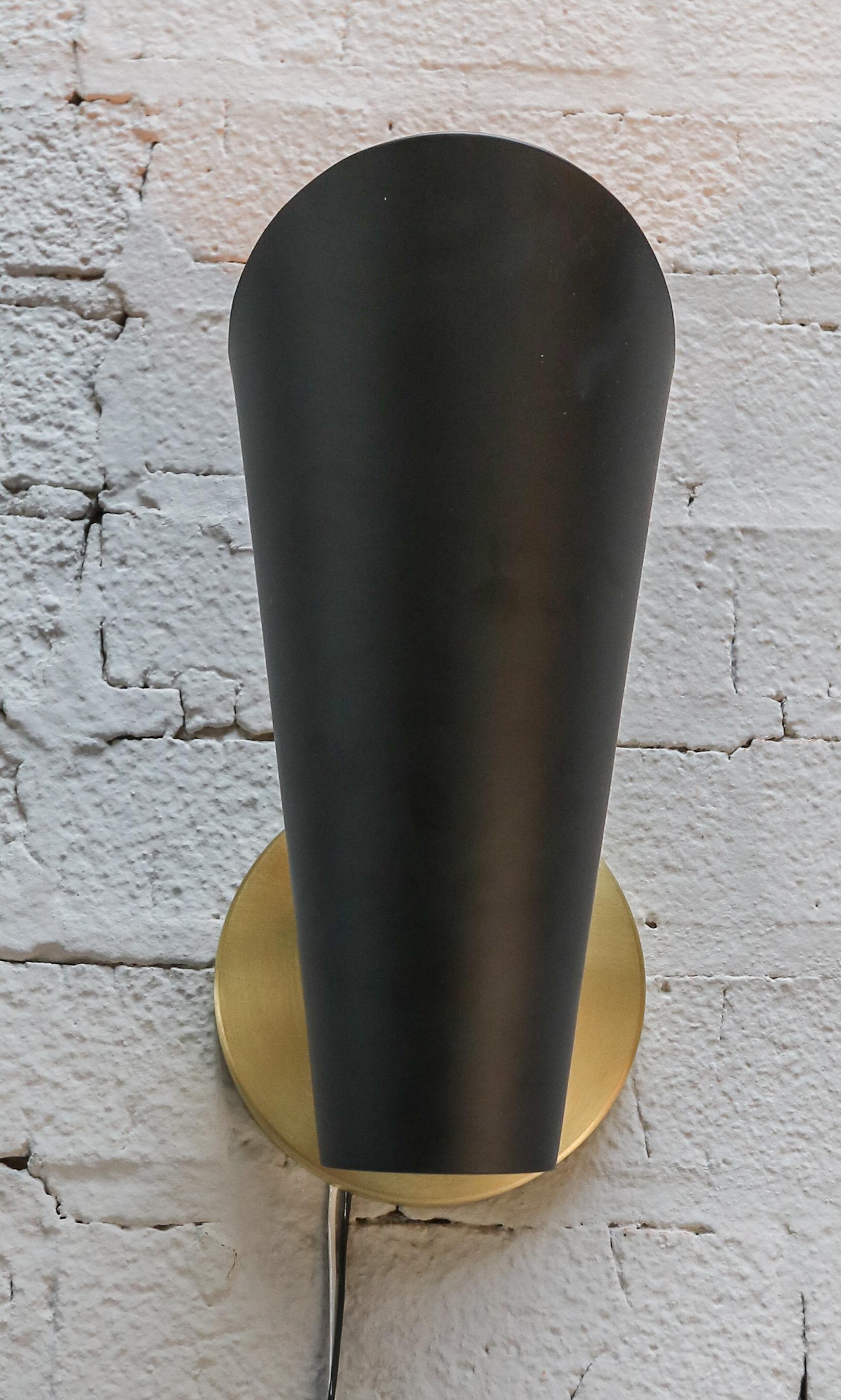 Contemporary Pair of Custom Black Metal Cone Midcentury Style Sconces by Adesso Imports For Sale