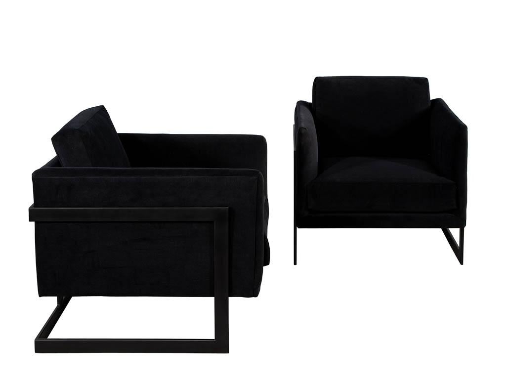 Modern Pair of Custom Black Velvet Lounge Chairs with Black Metal Frames by Carrocel For Sale