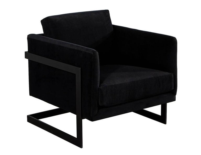 Pair of Custom Black Velvet Lounge Chairs with Black Metal Frames by