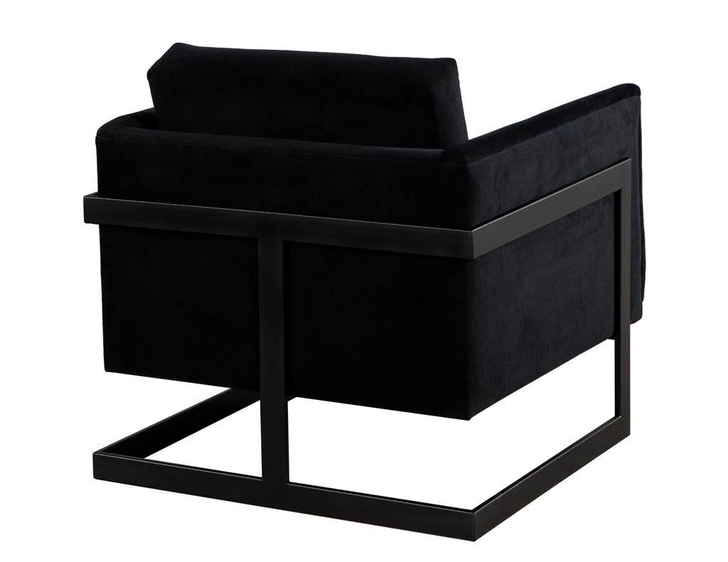 Contemporary Pair of Custom Black Velvet Lounge Chairs with Black Metal Frames by Carrocel For Sale