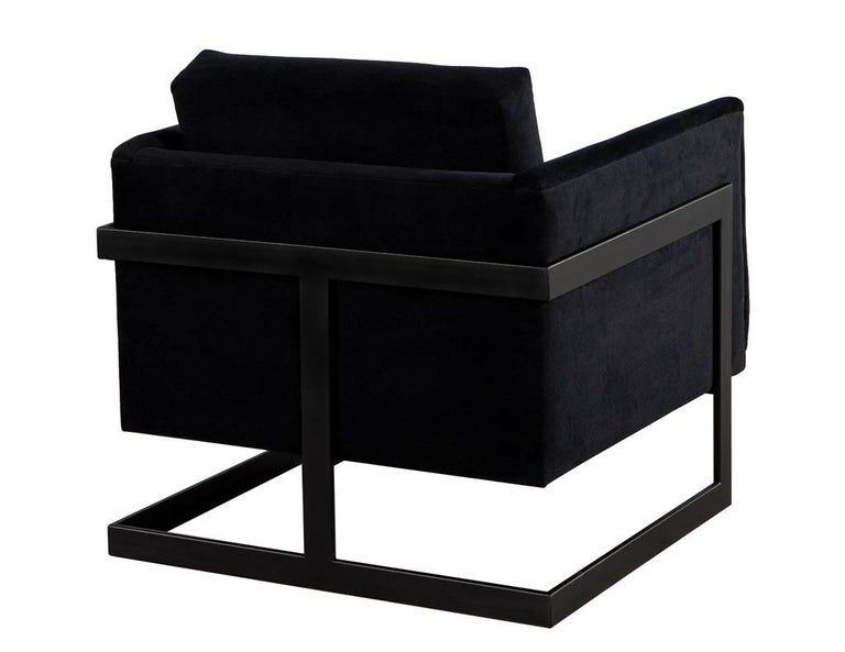 Pair of Custom Black Velvet Lounge Chairs with Black Metal Frames by