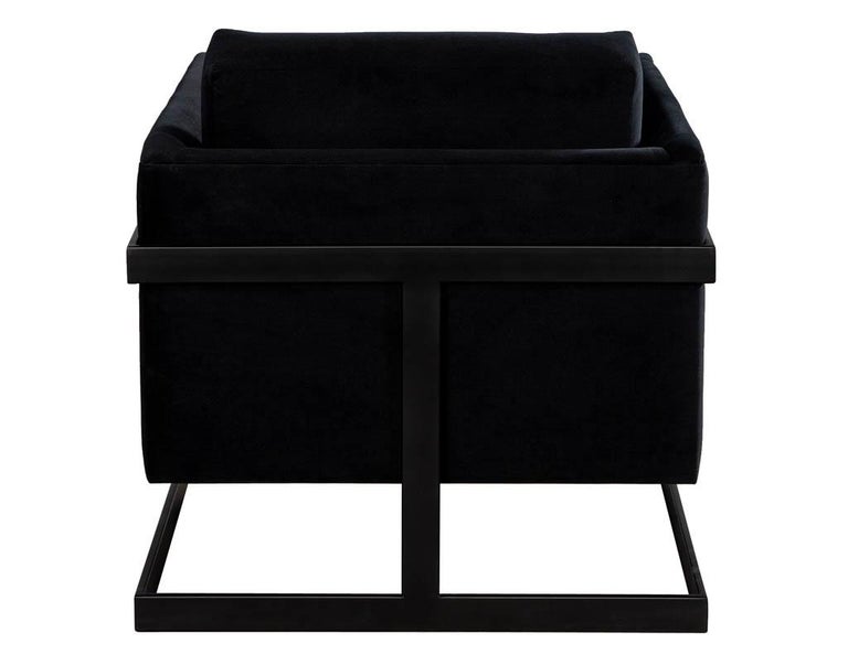 Pair of Custom Black Velvet Lounge Chairs with Black Metal Frames by