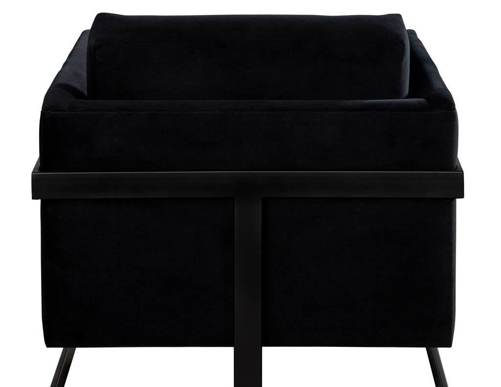 Pair of Custom Black Velvet Lounge Chairs with Black Metal Frames by Carrocel For Sale 2