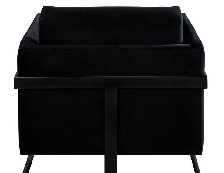 Pair of Custom Black Velvet Lounge Chairs with Black Metal Frames by