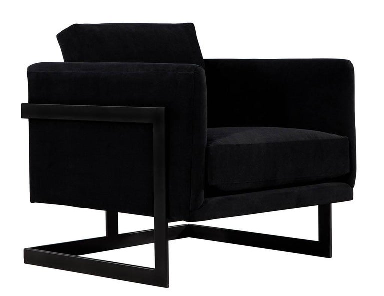Pair of Custom Black Velvet Lounge Chairs with Black Metal Frames by