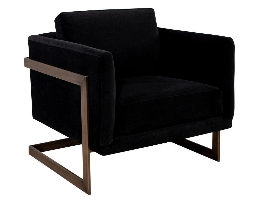 Pair of Custom Black Velvet Lounge Chairs with Brass Frames For Sale 4