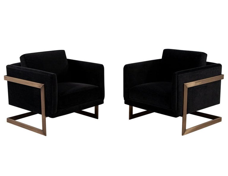 Pair of Custom Black Velvet Lounge Chairs with Brass Frames For