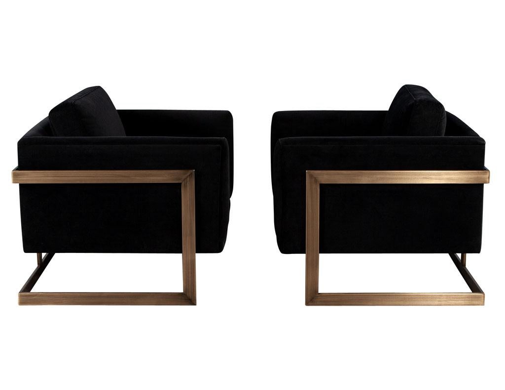 Modern Pair of Custom Black Velvet Lounge Chairs with Brass Frames For Sale