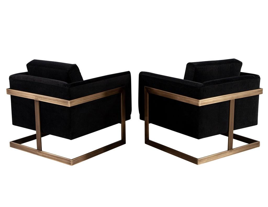 Canadian Pair of Custom Black Velvet Lounge Chairs with Brass Frames For Sale