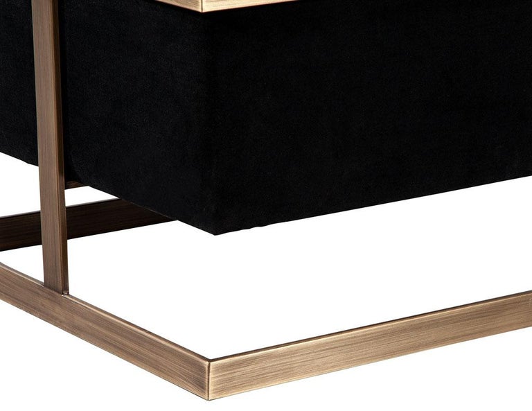 Pair of Custom Black Velvet Lounge Chairs with Brass Frames For Sale at