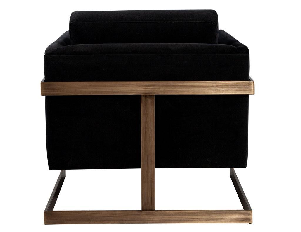 Pair of Custom Black Velvet Lounge Chairs with Brass Frames For Sale 2